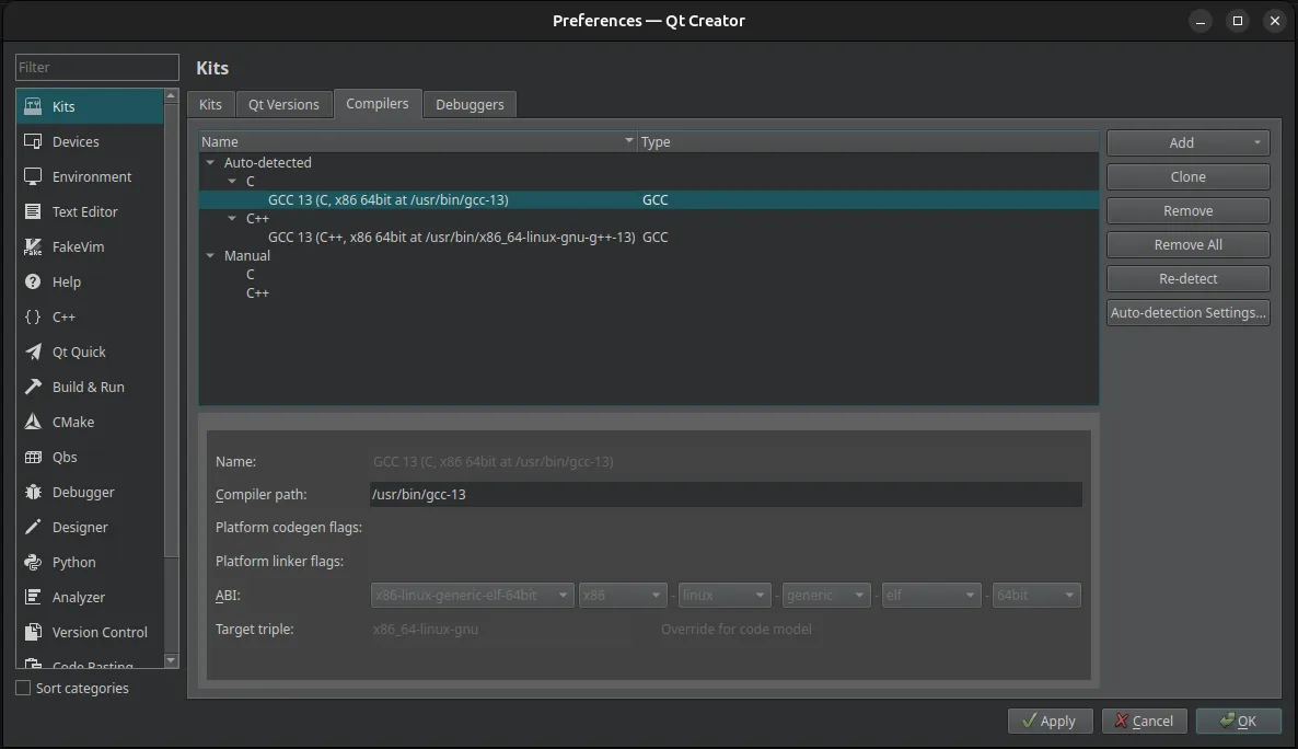 Qt Creator compiler config for desktop Qt6