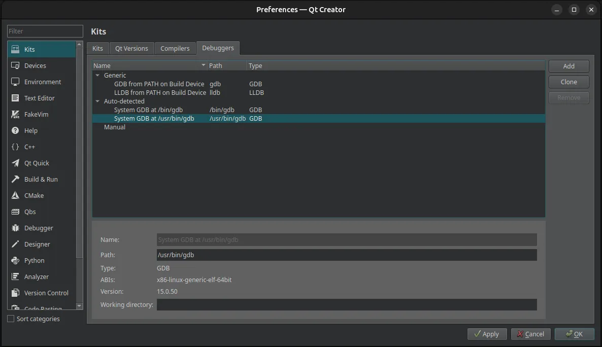 Qt Creator debugger config for desktop Qt6