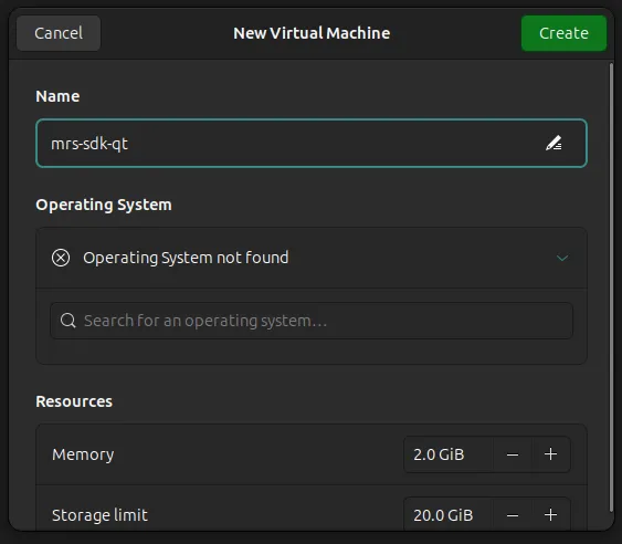 GNOME Boxes setup dialog