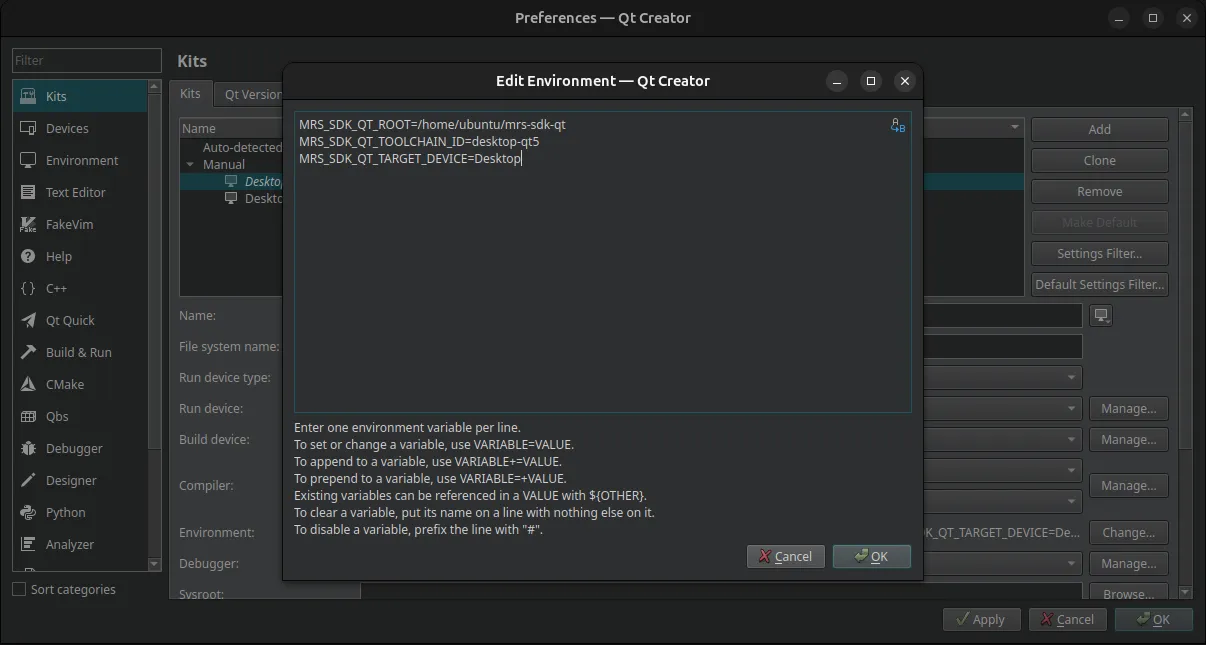Qt Creator kit build environment config for desktop Qt5