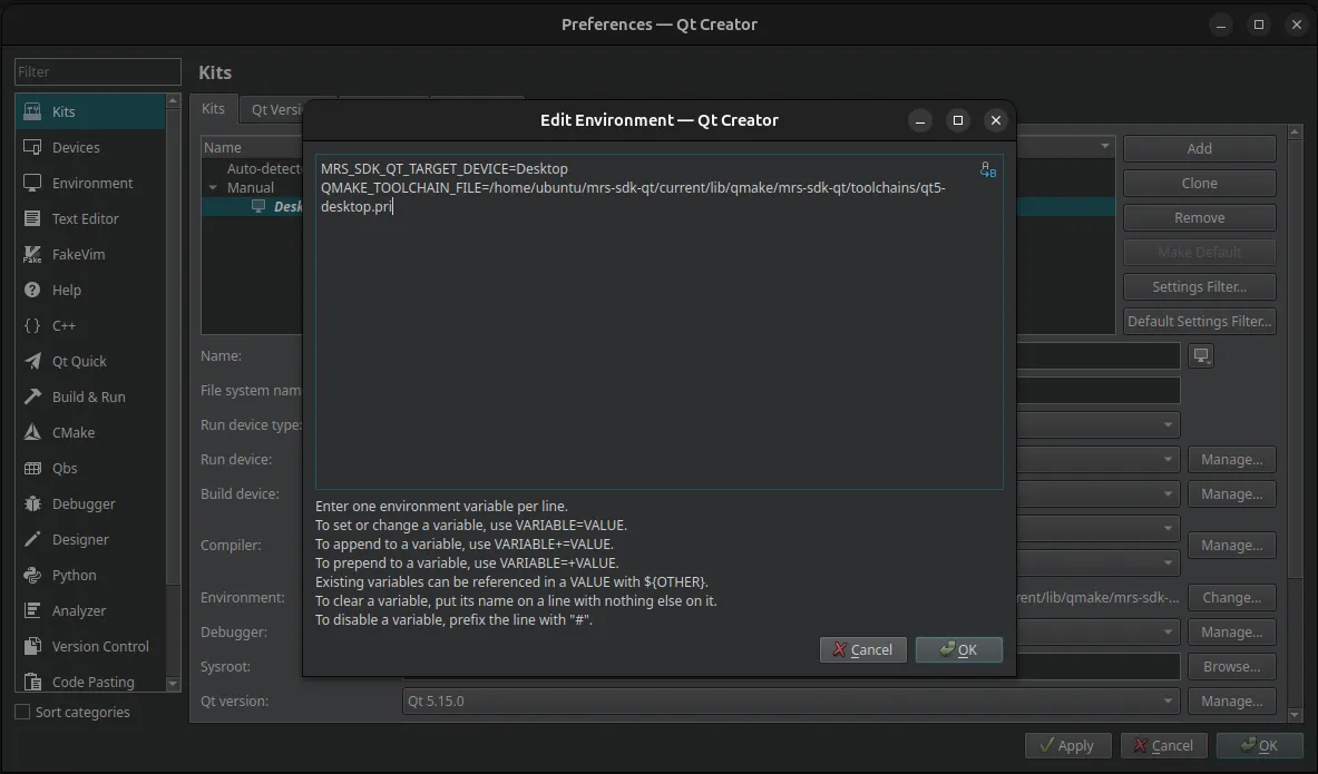 Qt Creator kit build environment config for desktop Qt5