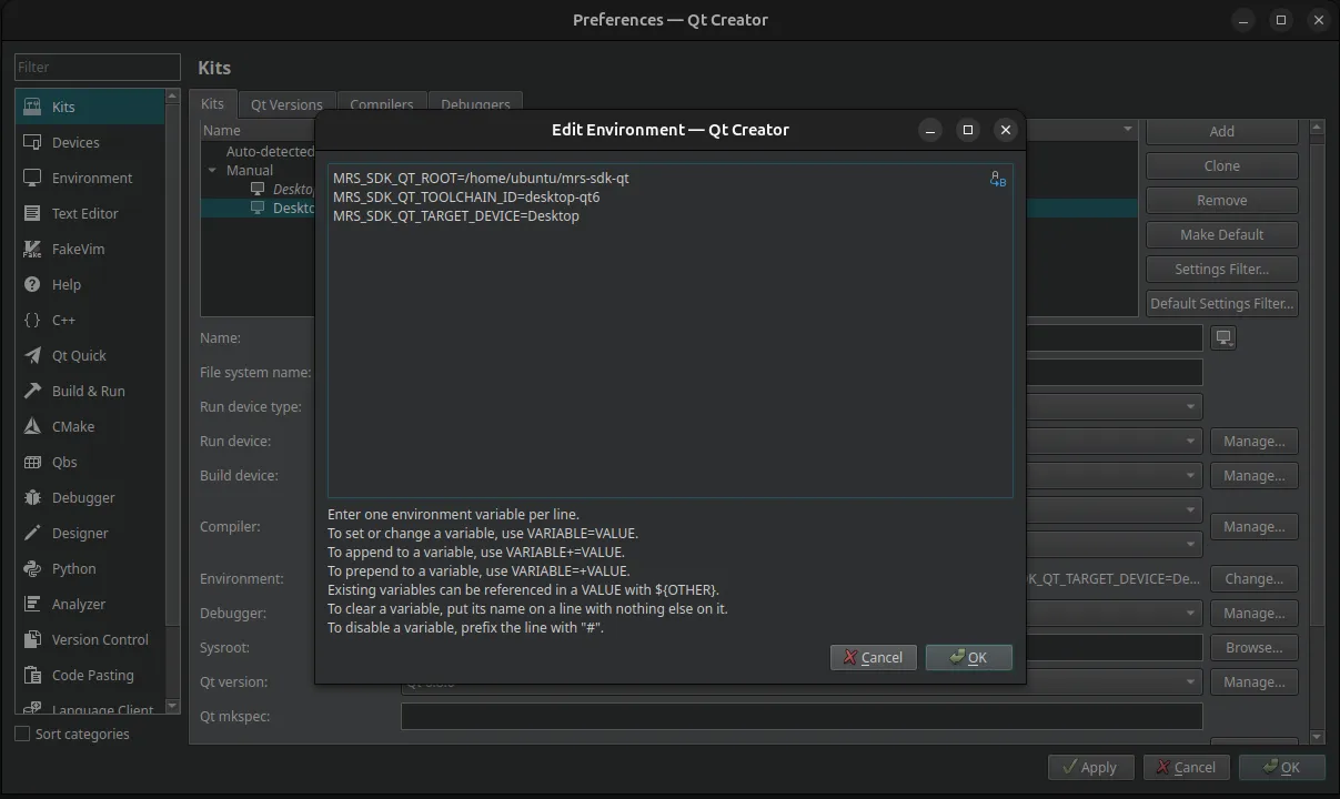 Qt Creator kit build environment config for desktop Qt6