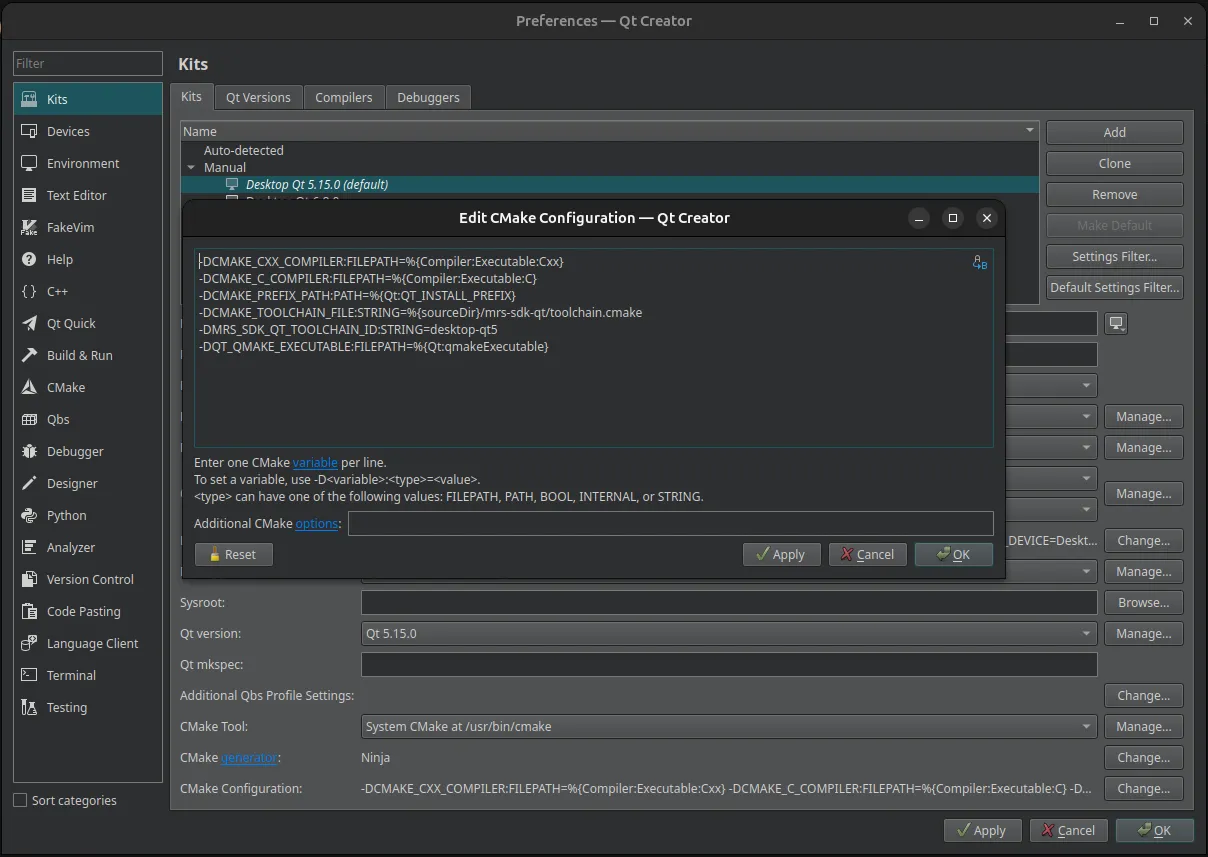 Qt Creator kit CMake config for desktop Qt5
