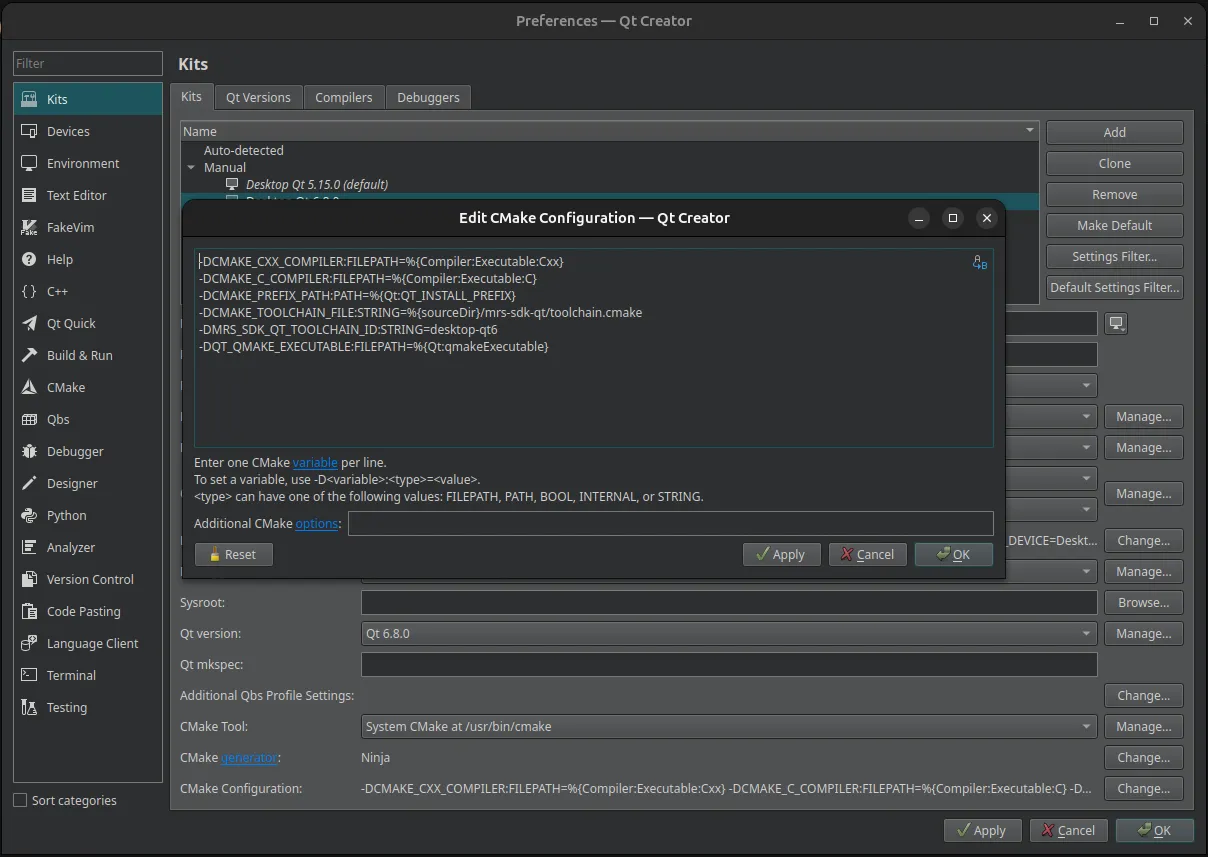 Qt Creator kit CMake config for desktop Qt6