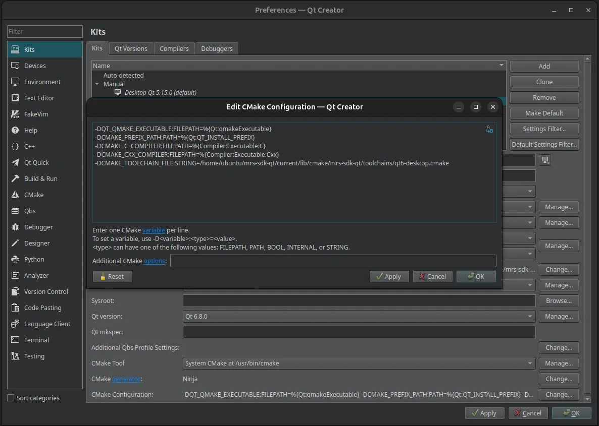 Qt Creator kit CMake config for desktop Qt6