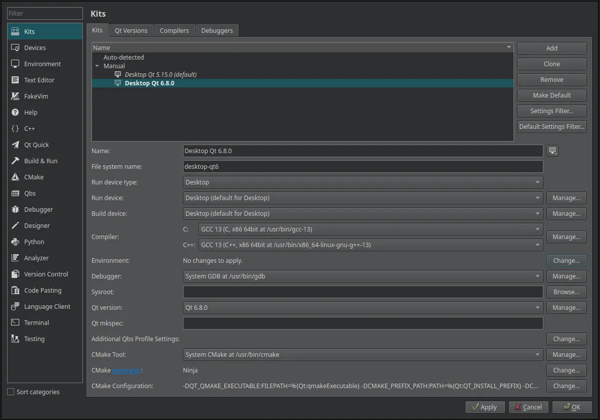 Qt Creator kit full config for desktop Qt6