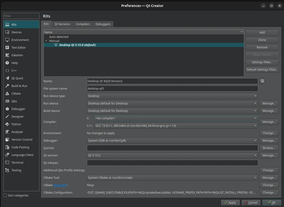 Qt Creator kit full config for desktop Qt5