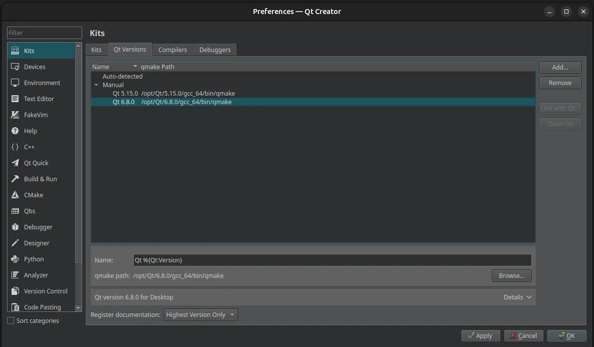 Qt Creator Qt version config for desktop Qt6