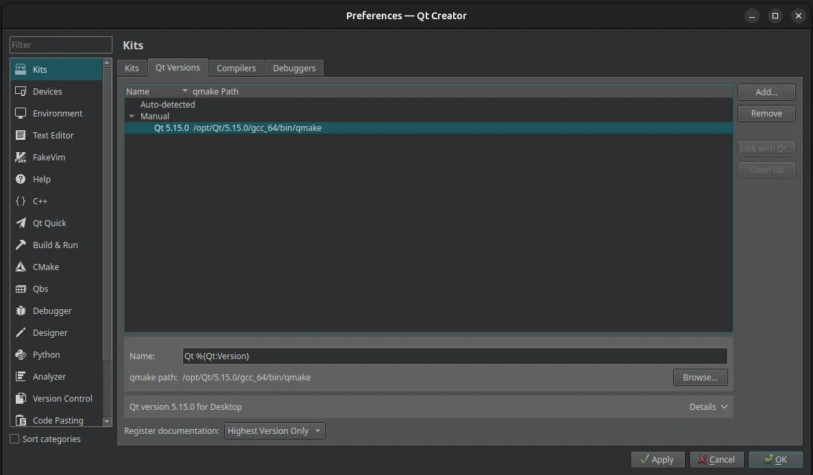 Qt Creator Qt version config for desktop Qt5