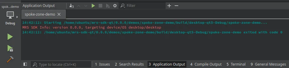 Qt Creator building and running the spoke-zone-demo application
